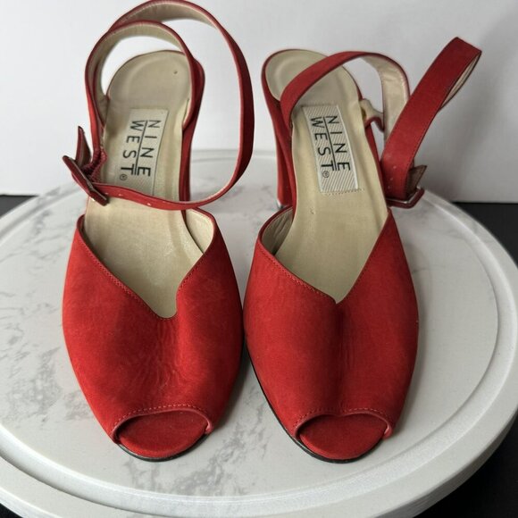 Nine West N-Ashia Vintage Red Leather Peep Toe Slingback‎ Wrap Heels Size 6M - Picture 8 of 9